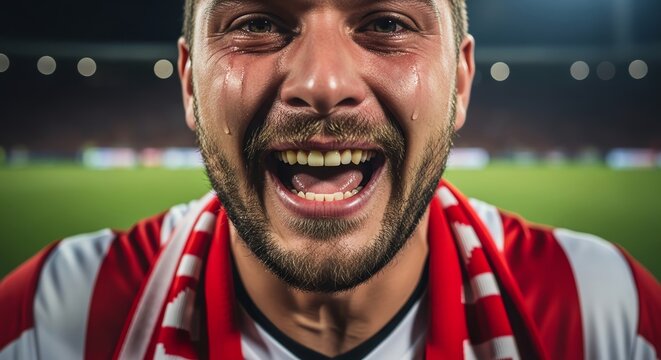 Joyful Sweaty Man Celebrates Football Victory on Stadium Field