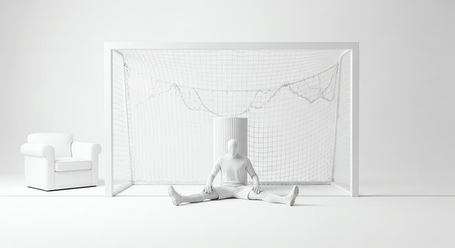 Surreal White Stillness Goalkeeper Mannequin, Armchair, and Goal
