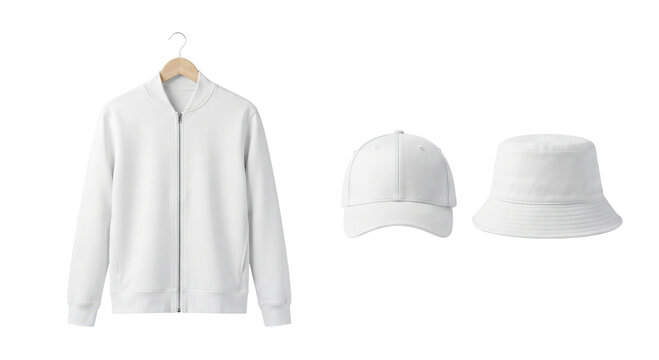 White apparel collection including bomber jacket baseball cap and bucket hat PNG on white background