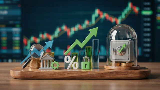 Financial growth concept with safe box and rising green arrow on trading background