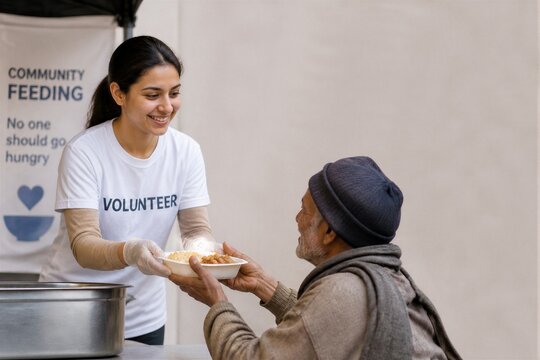 A young woman hands a plate of food to a man sitting in front of her during a community feeding event in a public space. Volunteers work to serve meals to those who need help.