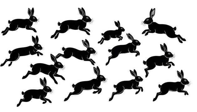 A repeating pattern of jumping black rabbits in silhouette, conveying motion and a playful, energetic theme