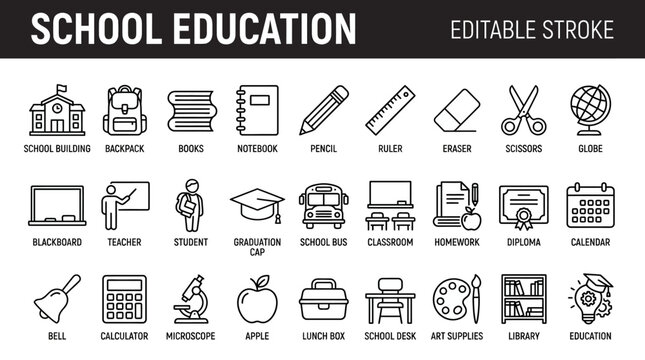 Education Icons Representing School Learning and Classroom Subjects.