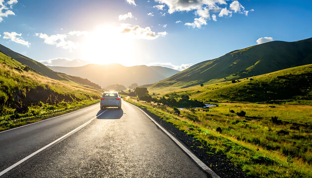 A car drives on a scenic road through a green mountainous landscape at sunset, warm sunbeams breaking through clouds
