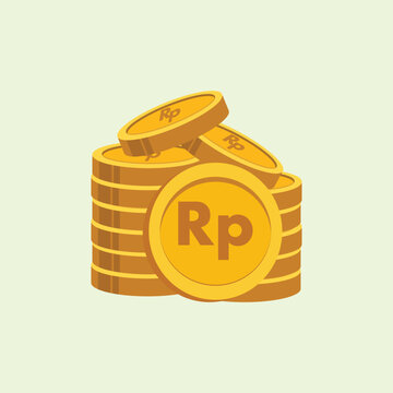 Premium minimalist flat icon featuring a pile of stacked golden Indonesian Rupiah coins with the Rp symbol. Perfect for banking apps, e-commerce checkout badges, and finance cartoon assets.