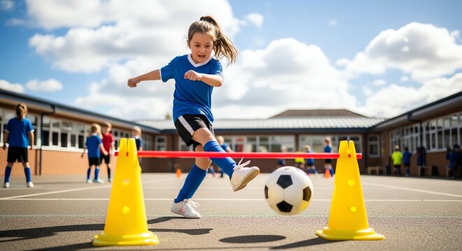Young Soccer Athlete Training with Determination on School Court