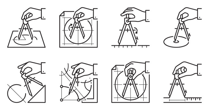 Compass tool drawing circles geometric shapes on paper for architectural design.