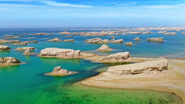 Aerial drone shot of water yardang landforms surrounded by turquoise water in the Qaidam Basin, Qinghai, China