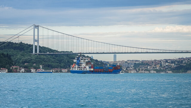 Large commercial cargo ships transit the Bosphorus Strait on their way to the Strait of Hormuz. Cargo ships bound for the Strait of Hormuz.