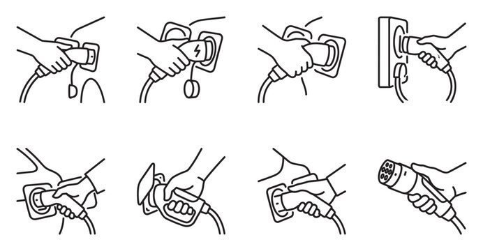 Electric car charging plug insertion and disconnection instructions.