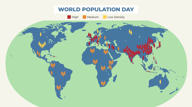 World Population Day World Map With Population Density Icons Flat Vector Illustration