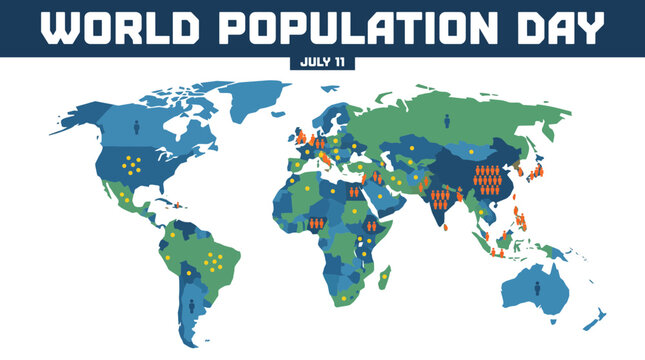 World Population Day World Map With Population Density Icons Poster Concept Artwork