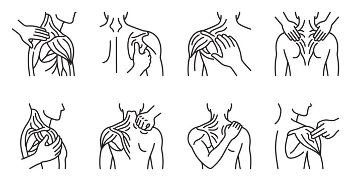 Hands massaging neck shoulder and upper back muscles diagram for therapy.