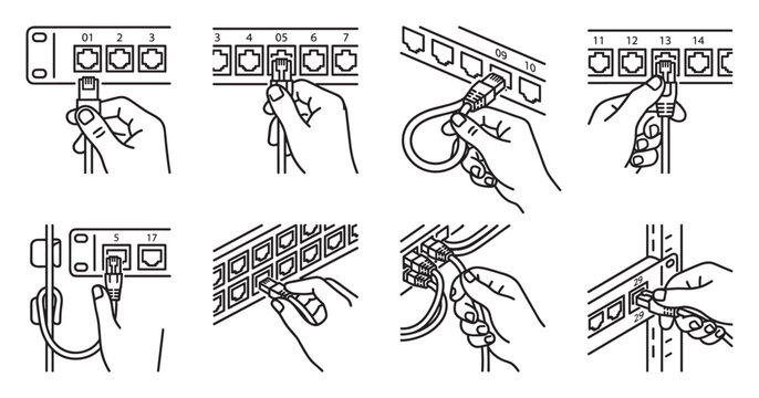 Hands plugging ethernet cables into network switch ports for connection.