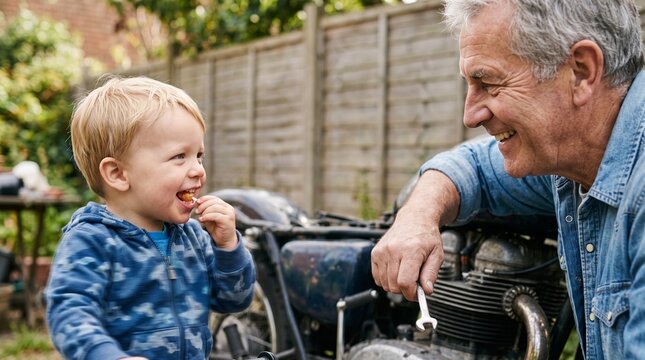 Grandfather Repairing Motorcycle While Inspiring Curiosity and Problem Solving with Grandchild at Home