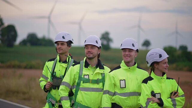 Wind energy engineers inspecting a wind farm, discussing renewable power, turbine maintenance, teamwork and sustainable energy in an outdoor environment.