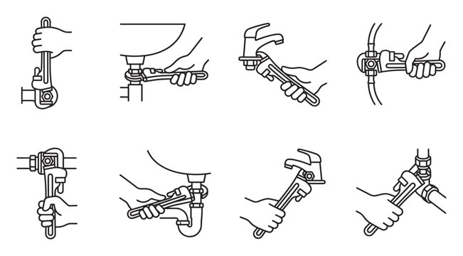Plumber hands using pipe wrench fixing faucet and sink pipes step by step.