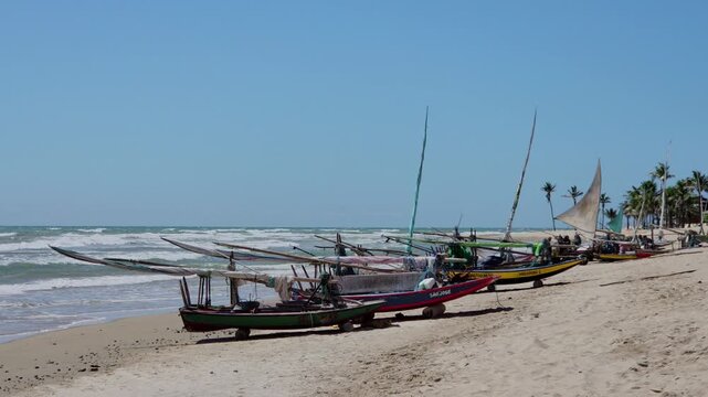 Traditional Brazilian Jangadas at Rest, Brazilian Coast