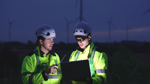 Wind energy engineers inspect a wind farm at Dusk, discussing renewable power, turbine maintenance, teamwork and sustainable energy in an outdoor environment.