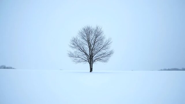 Solitary tree with bare branches stands in a snow-covered field beneath a light blue sky