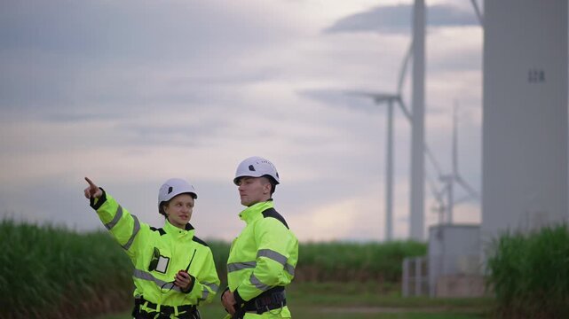 Wind energy engineers inspecting a wind farm, discussing renewable power, turbine maintenance, teamwork and sustainable energy in an outdoor environment.