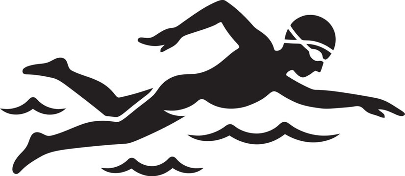 Silhouette of a male swimmer in crawl stroke action, vector illustration of an athlete swimming in water with splashes.
