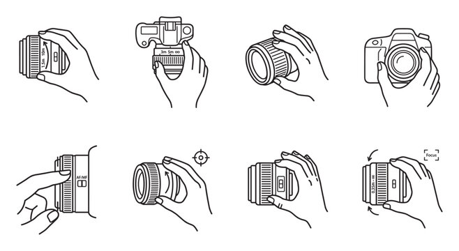 Camera lens and hand icons for photography operation and focus adjustments.
