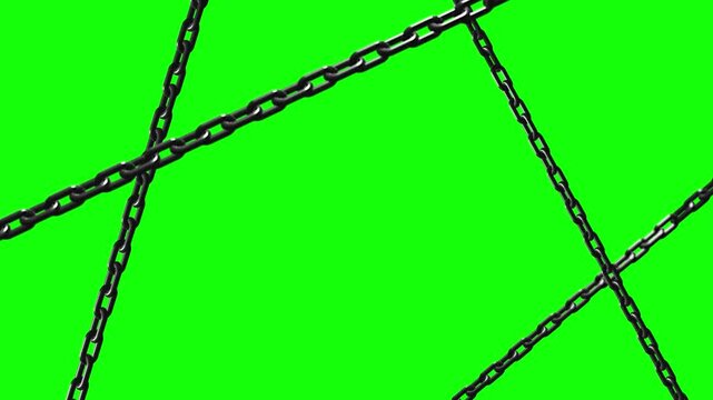 Chains arranged in intersecting diagonal lines create a strong industrial pattern against a bright green background.
