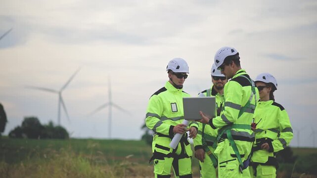 Wind energy engineers inspecting a wind farm, discussing renewable power, turbine maintenance, teamwork and sustainable energy in an outdoor environment.