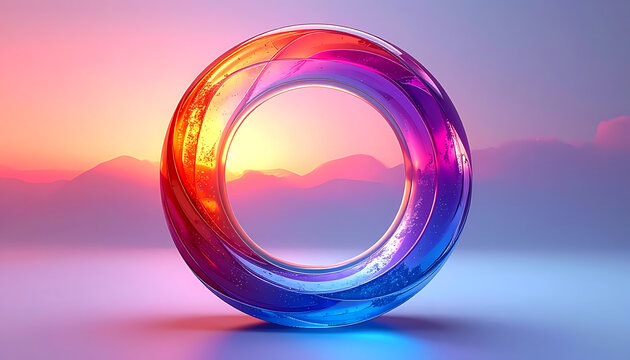 Abstract 3D torus ring with vibrant gradient colors, illuminated by sunset light, digital art