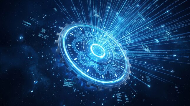 Futuristic Glowing Blue Digital Gear Representing Advanced Technology and Innovation