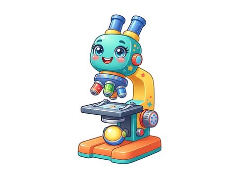 A colorful cartoon microscope with a smiling face is sitting on a table in a science laboratory setting.