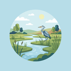 Fototapeta premium A grey heron stands by a winding river in nature