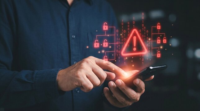 Man touching phone screen displaying critical red cyber security alert hologram with binary code and broken network locks