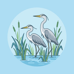 Fototapeta premium Two grey herons stand in a marshy wetland