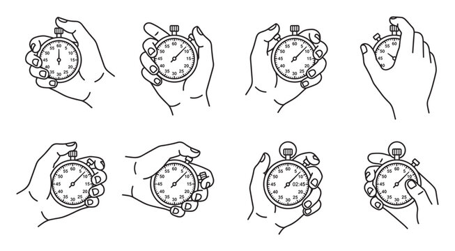 Hand holding analog stopwatch showing time with finger on button and dial.