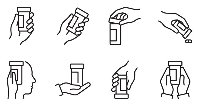 Hand holding pill bottle icon set collection vector illustration.