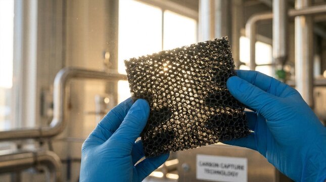 Scientist in blue gloves holding porous carbon capture foam material in bright industrial laboratory highlighting environmental filtration technology climate change solutions and advanced engineering 