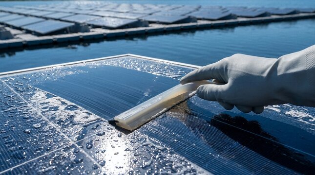 Worker hand in protective glove using squeegee to clean floating solar panels on lake water surface for maintenance and efficiency optimization of renewable energy farm infrastructure