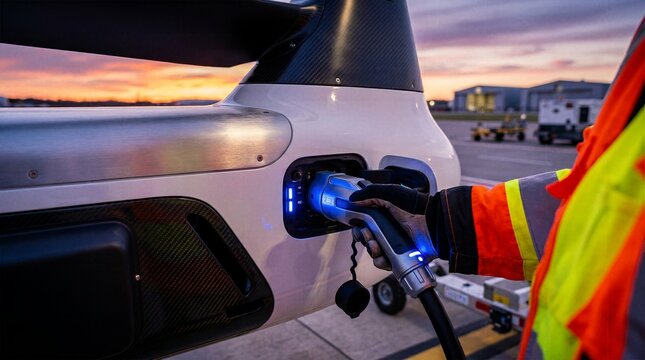 Ground crew member plugging high voltage charger into modern electric plane at sunset promoting sustainable zero emission aviation