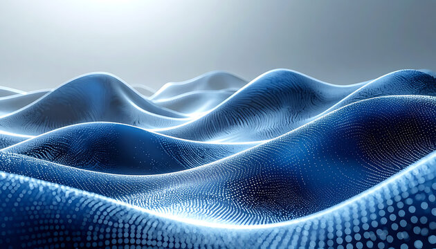 Abstract blue digital waves with glowing particles and soft light, representing data flow or ocean surface