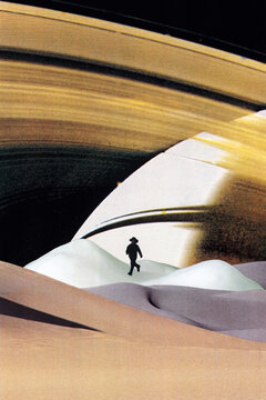A young man is running through a complex landscape of snow and desert, with the immense gravitational pull of Saturn in the background. He is experiencing symptoms of melancholia.