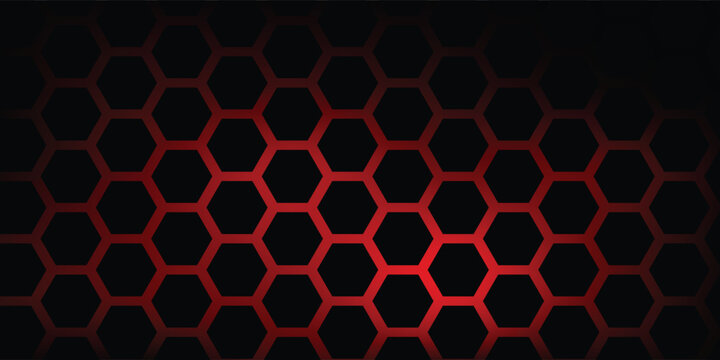 Abstract dark red and black futuristic honeycomb hexagon pattern background with glowing light effect.