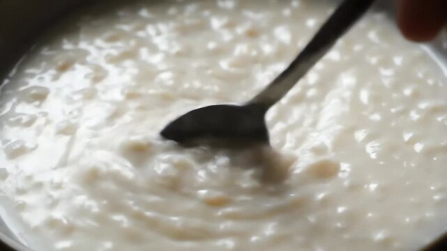 Spoonful of creamy, textured white pudding is lifted over a bowl of the same