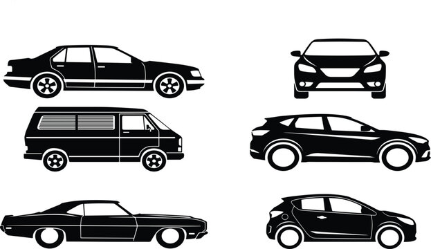 Car type icon set solid black silhouette vector illustration featuring sedan van hatchback muscle car and suv vehicle models