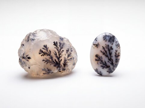 Natural dendritic agate semiprecious gemstone rough and polished side by side