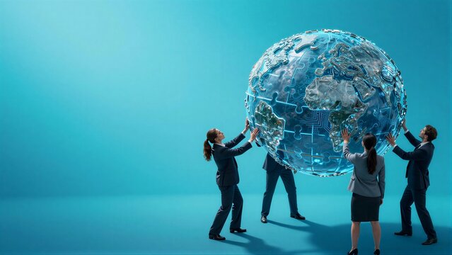 Businesspeople unite to shape a global future through collaborative innovation.