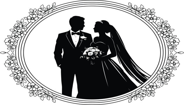 Wedding couple silhouette vector illustration inside decorative oval floral frame featuring elegant bride and groom isolated on plain white background for invitation card design