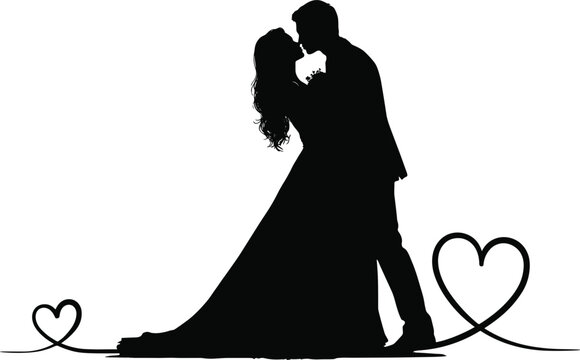 Wedding couple kissing silhouette vector illustration with bride and groom kissing surrounded by line art hearts isolated on white background for love romantic design