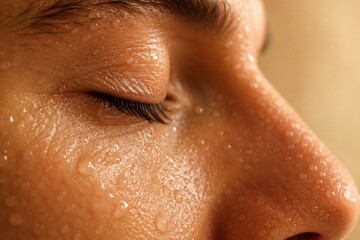 Fototapeta premium Close up human face with sweat droplets